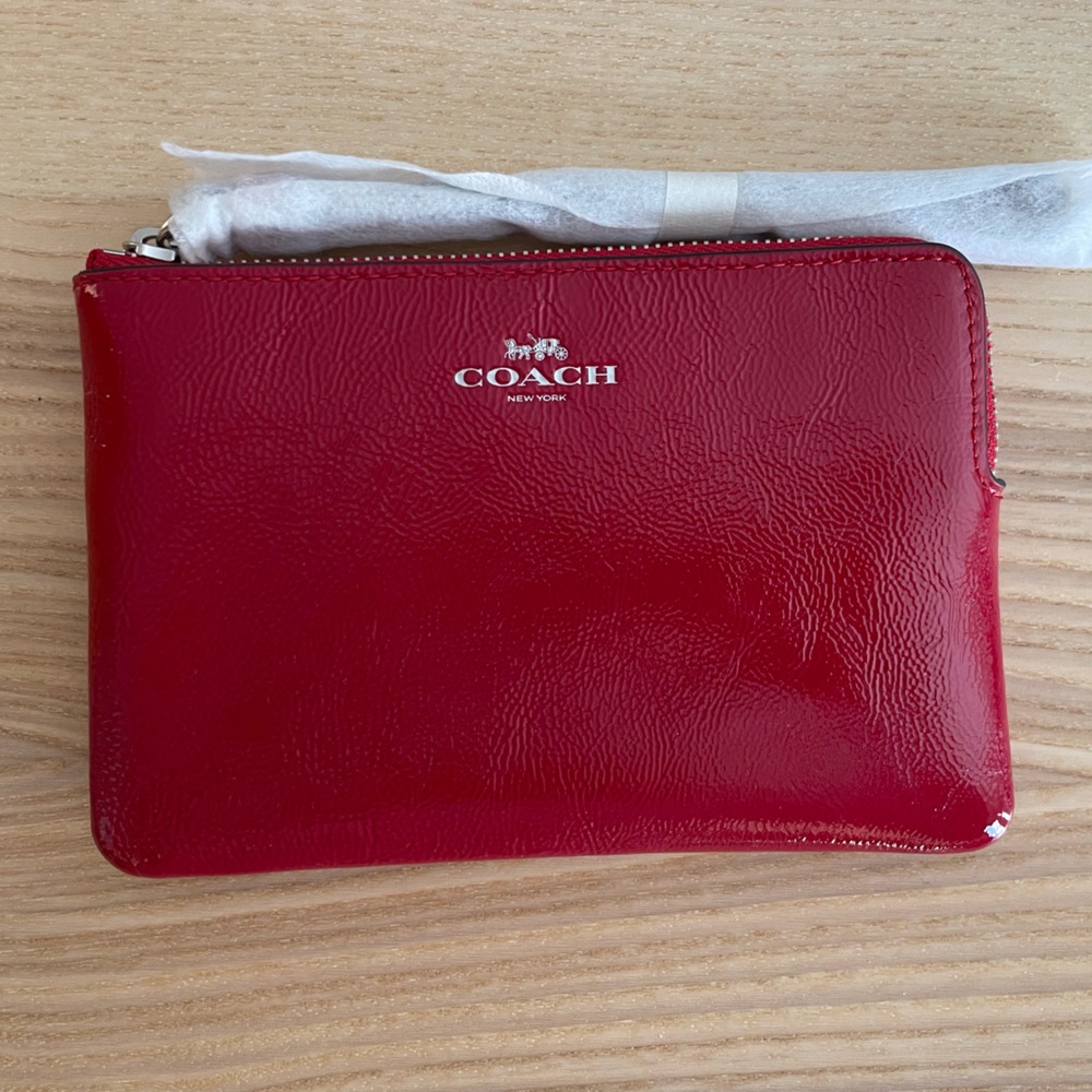 NWT Coach Corner Zip Wristlet Shiny Red and Silver